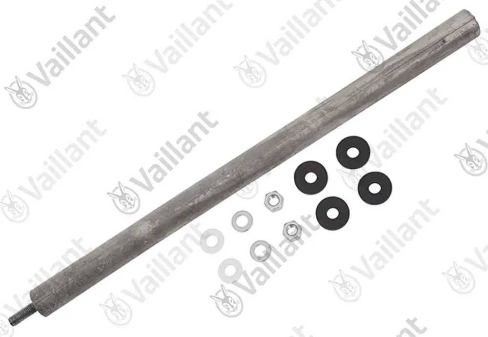 Vaillant Anode, bestehend aus einem langen Metallstab und verschiedenen Unterlegscheiben und Schrauben, auf hellem Hintergrund.